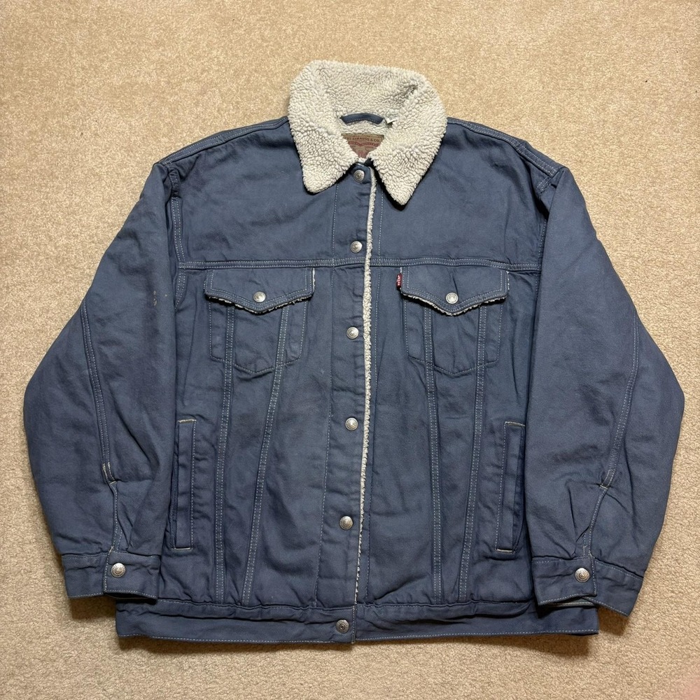 Levis Baggy Sherpa Trucker Jacket Womens XL Blue Canvas Bomber Lined Fall Winter